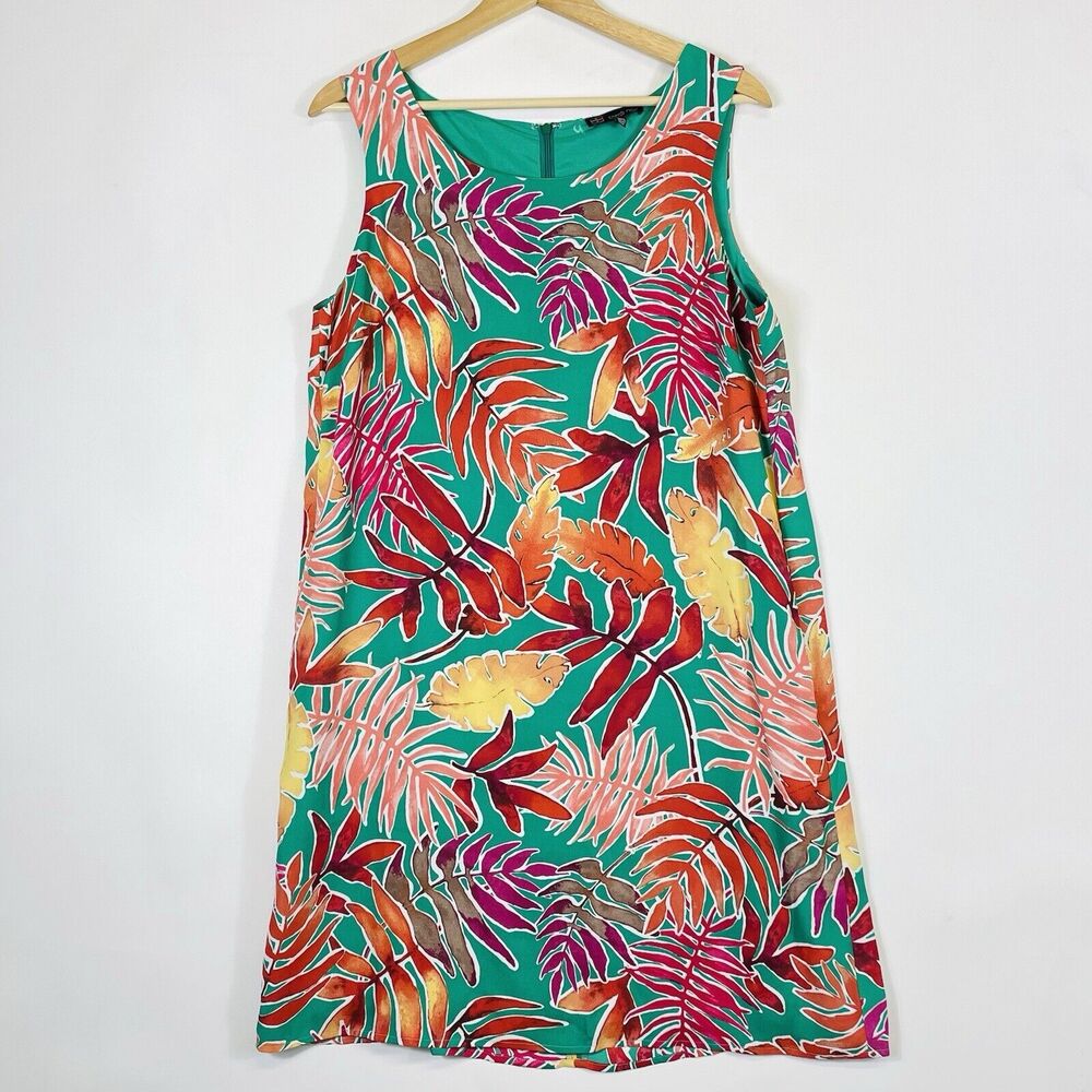 Carre Noir Shift Dress Women Large Green‎ Colorful Tropical Leaf Resort Chic